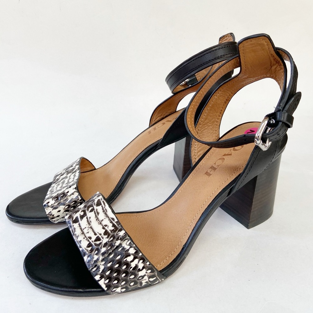Coach Paige Heeled Sandals Leather with Black and Ivory Snakeskin Size 7.5B